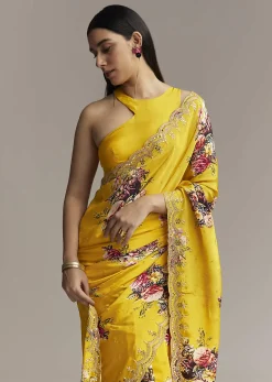 Mustard Crepe Saree With Floral Print And Mirror Border