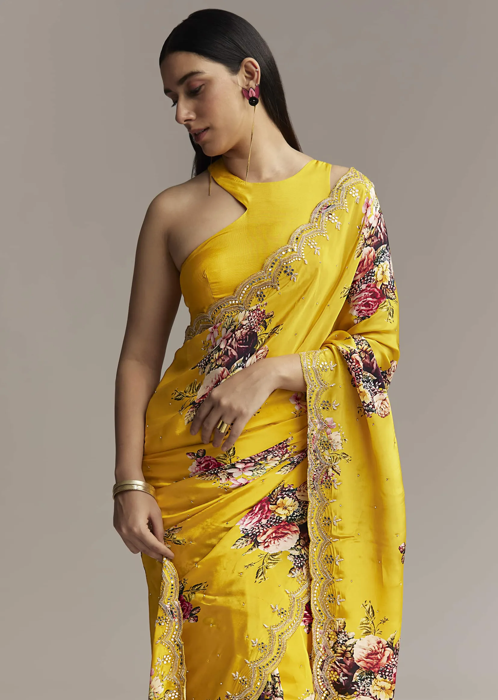 Mustard Crepe Saree With Floral Print And Mirror Border