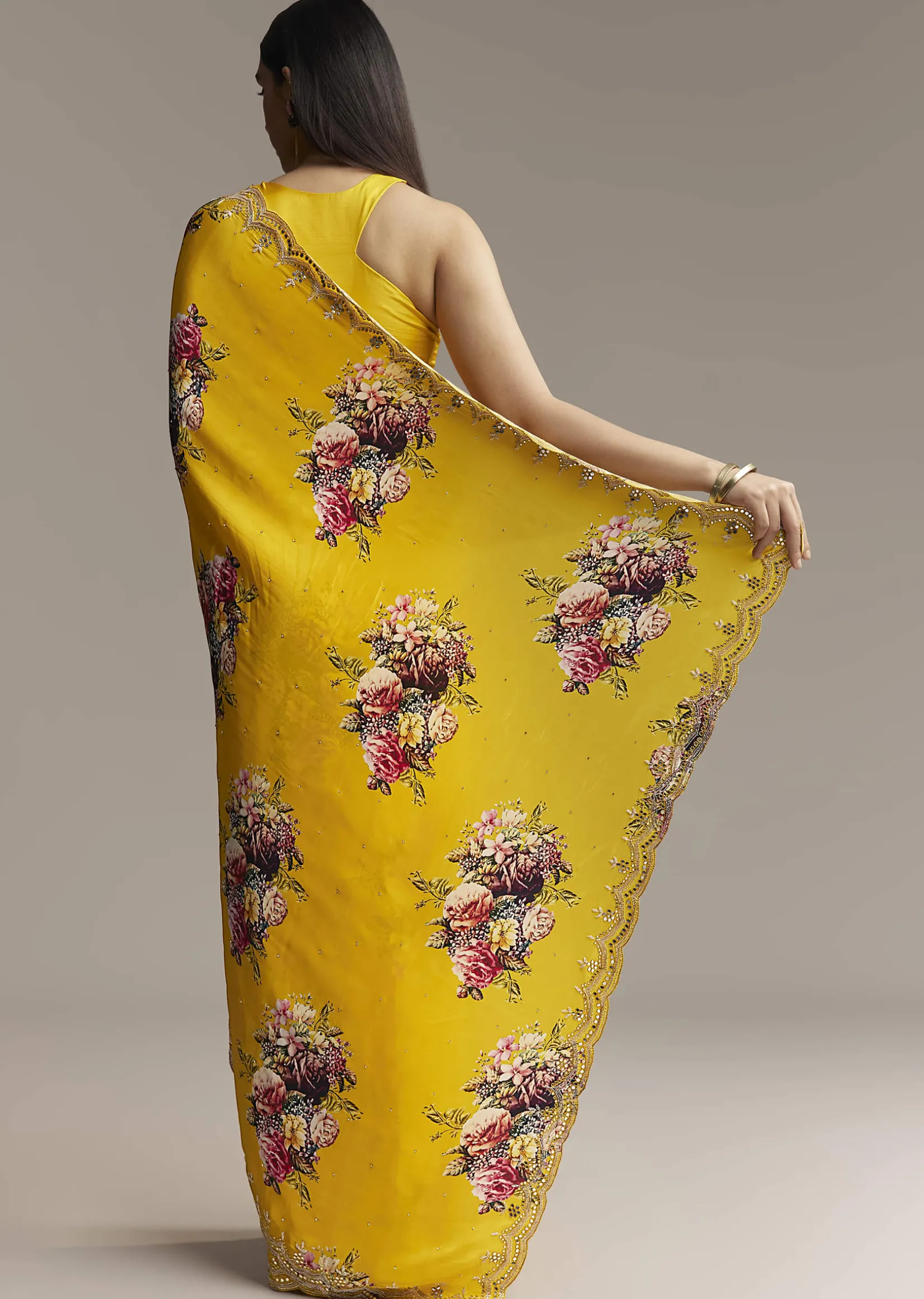 Mustard Crepe Saree With Floral Print And Mirror Border
