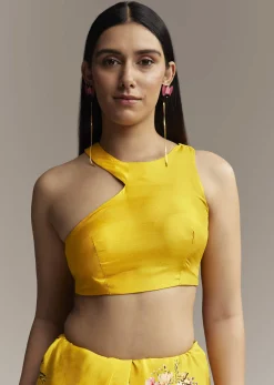 Mustard Crepe Saree With Floral Print And Mirror Border