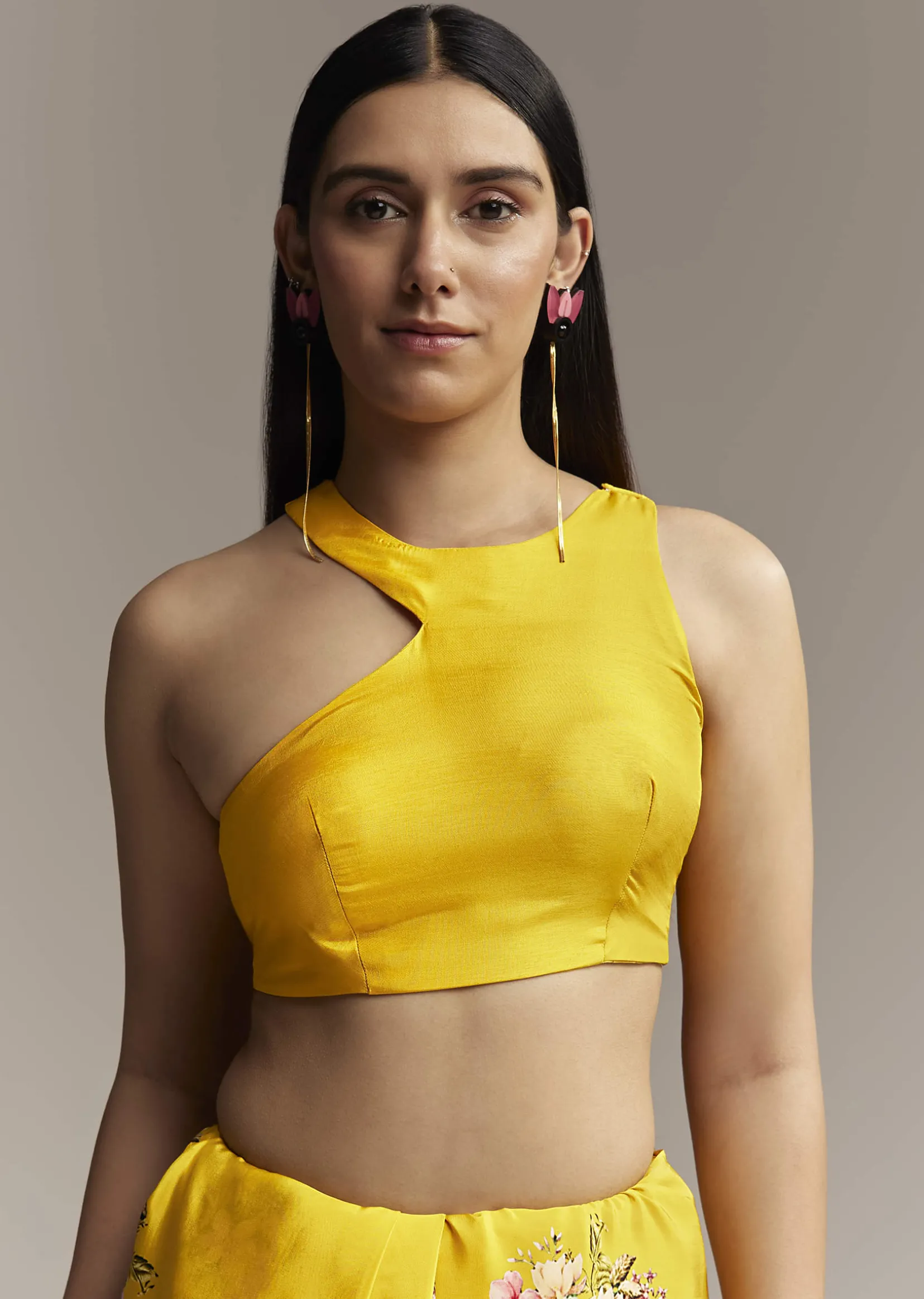 Mustard Crepe Saree With Floral Print And Mirror Border