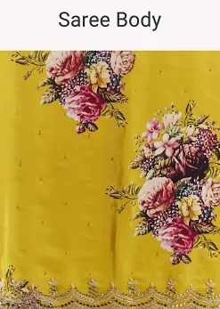 Mustard Crepe Saree With Floral Print And Mirror Border