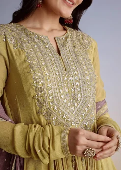 Mustard Crush Tissue Anarkali Suit With Sequins Embroidery