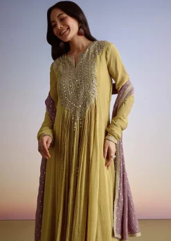 Mustard Crush Tissue Anarkali Suit With Sequins Embroidery