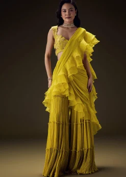 Mustard Embossed Embroidery Sweetheart Neckline Blouse With Tiered Sharara With Drape