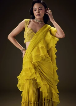 Mustard Embossed Embroidery Sweetheart Neckline Blouse With Tiered Sharara With Drape