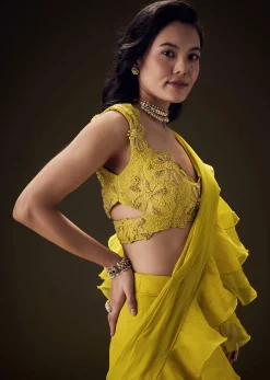 Mustard Embossed Embroidery Sweetheart Neckline Blouse With Tiered Sharara With Drape