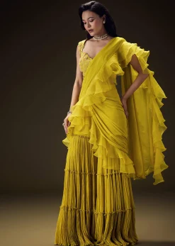 Mustard Embossed Embroidery Sweetheart Neckline Blouse With Tiered Sharara With Drape