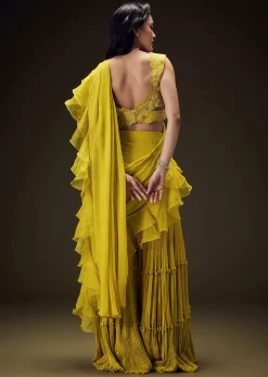 Mustard Embossed Embroidery Sweetheart Neckline Blouse With Tiered Sharara With Drape