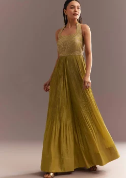 Mustard French Tissue Jumpsuit With Cutdana Work