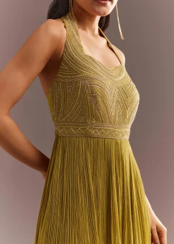 Mustard French Tissue Jumpsuit With Cutdana Work