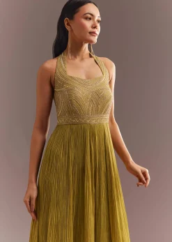 Mustard French Tissue Jumpsuit With Cutdana Work