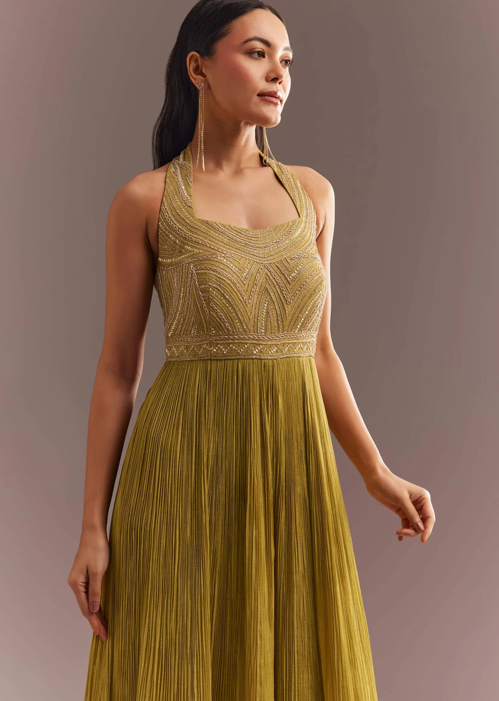 Mustard French Tissue Jumpsuit With Cutdana Work
