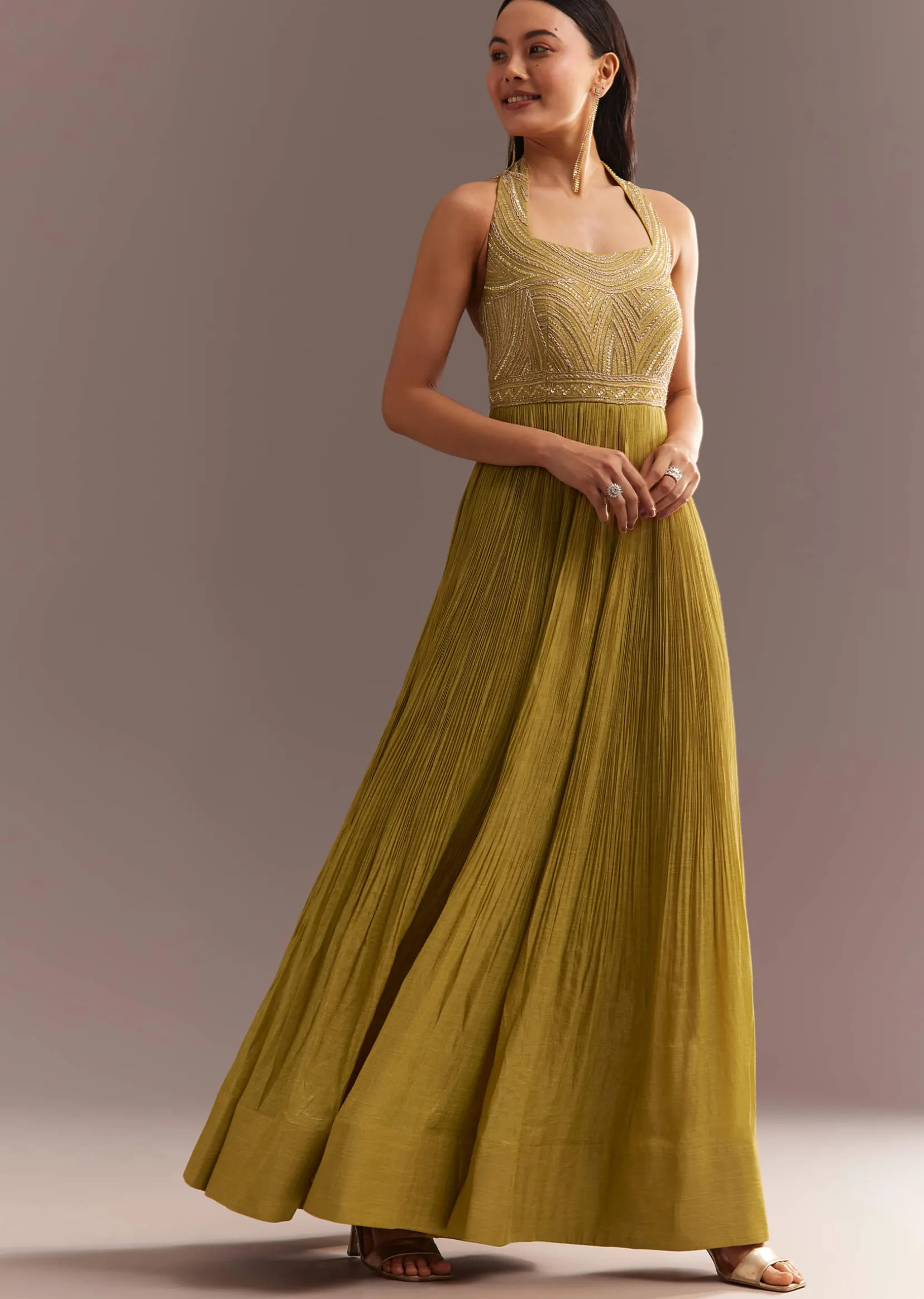 Mustard French Tissue Jumpsuit With Cutdana Work