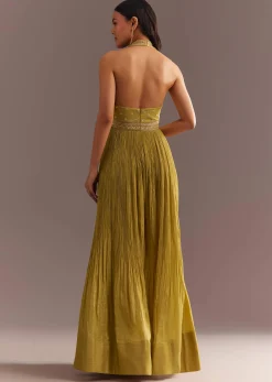 Mustard French Tissue Jumpsuit With Cutdana Work