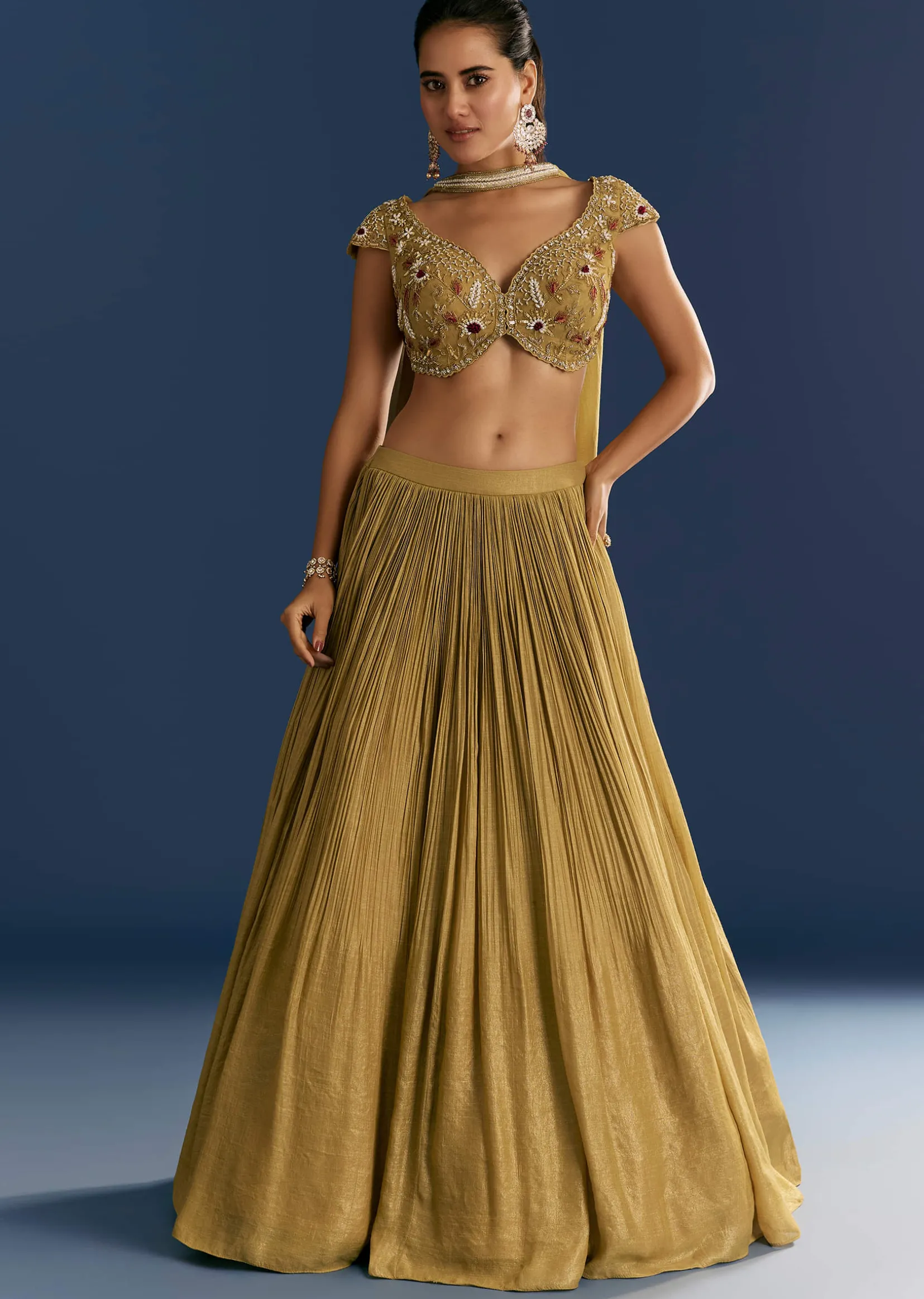 Mustard French Tissue Lehenga With Embroidered Blouse And Choker Dupatta