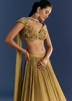 Mustard French Tissue Lehenga With Embroidered Blouse And Choker Dupatta