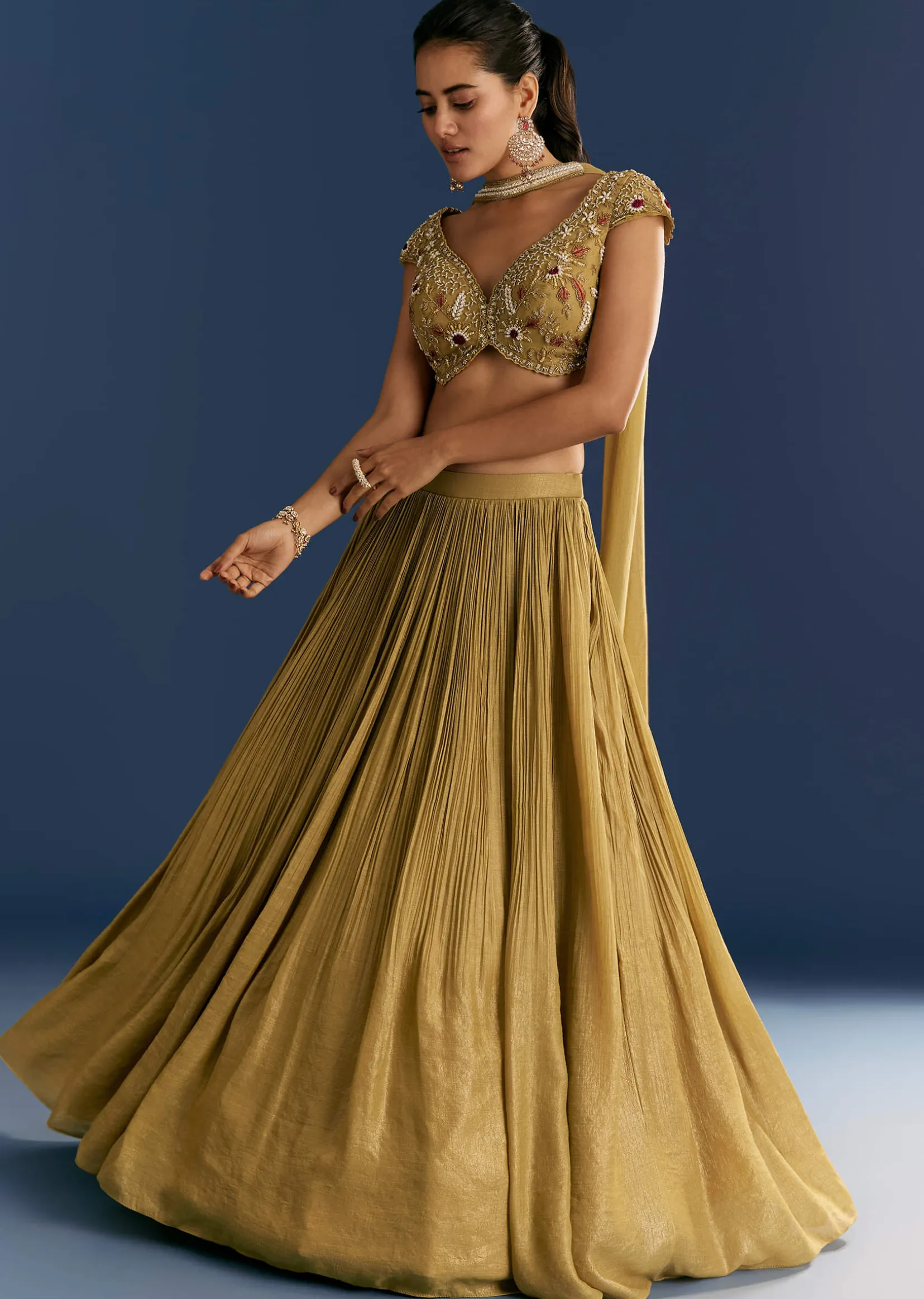 Mustard French Tissue Lehenga With Embroidered Blouse And Choker Dupatta