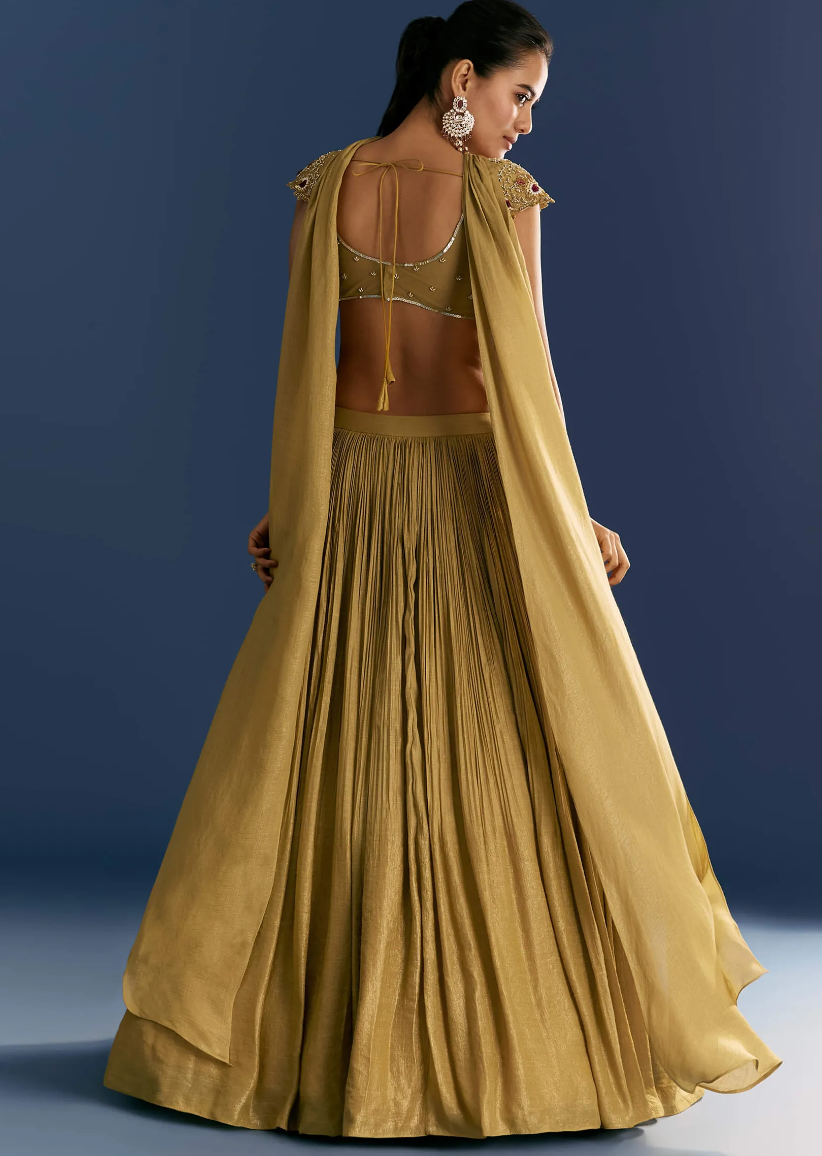 Mustard French Tissue Lehenga With Embroidered Blouse And Choker Dupatta