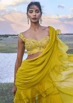Mustard Georgette Pre Draped Sharara With Embroidered Blouse