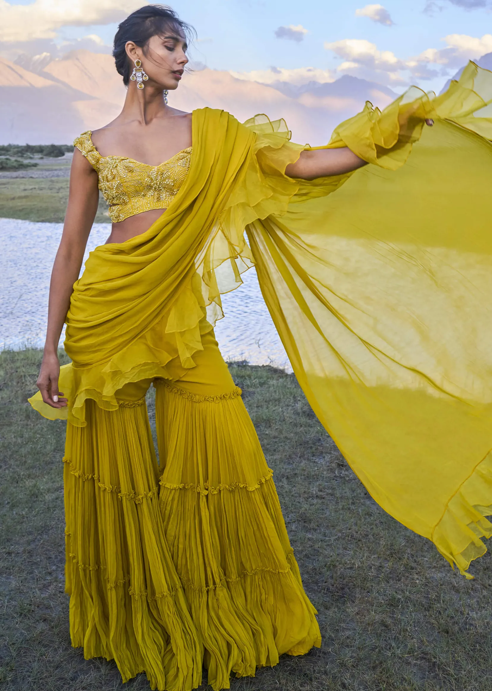 Mustard Georgette Pre Draped Sharara With Embroidered Blouse