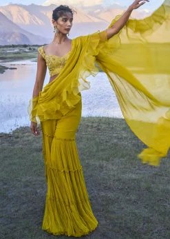 Mustard Georgette Pre Draped Sharara With Embroidered Blouse