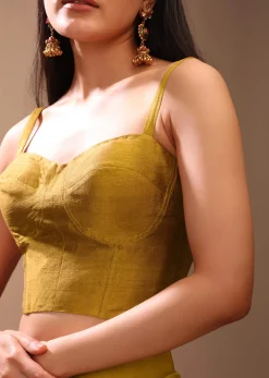 Mustard Gold Corset Top In Raw Silk With Strap Sleeves And Boning Detailing