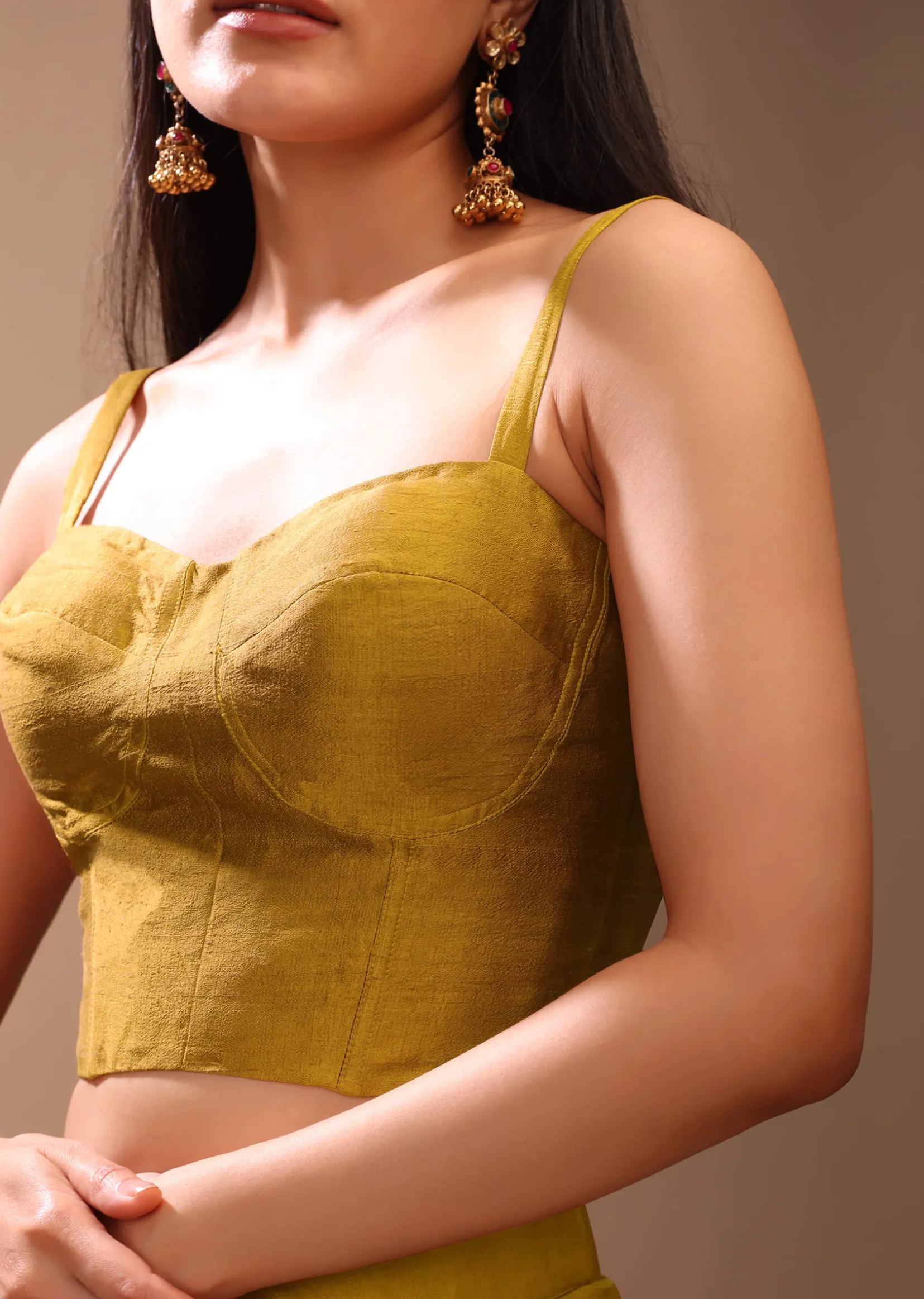 Mustard Gold Corset Top In Raw Silk With Strap Sleeves And Boning Detailing