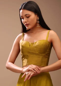 Mustard Gold Corset Top In Raw Silk With Strap Sleeves And Boning Detailing