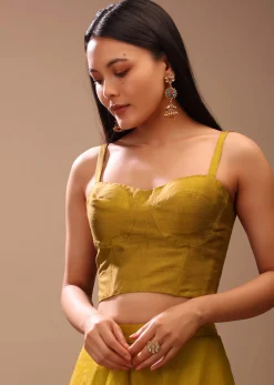 Mustard Gold Corset Top In Raw Silk With Strap Sleeves And Boning Detailing