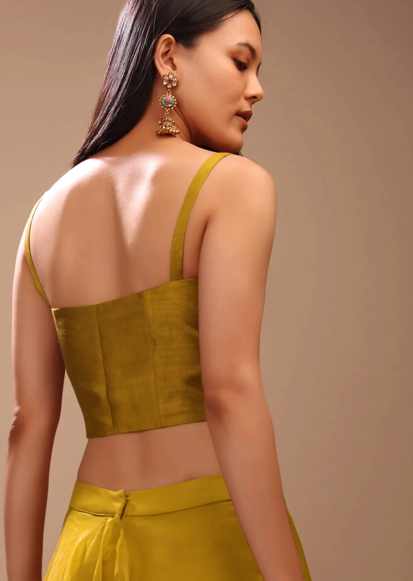 Mustard Gold Corset Top In Raw Silk With Strap Sleeves And Boning Detailing