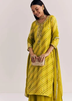 Mustard Leheriya Kurta Palazzo Suit With Cutdana And Sequins Work
