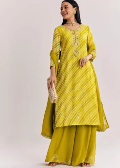 Mustard Leheriya Kurta Palazzo Suit With Cutdana And Sequins Work
