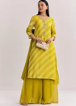 Mustard Leheriya Kurta Palazzo Suit With Cutdana And Sequins Work