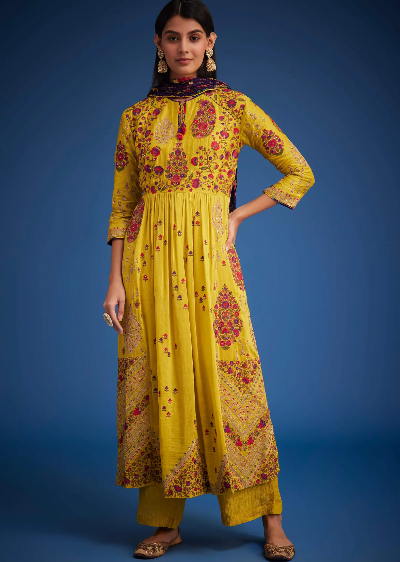 Mustard Linen Silk Floral Embroidered Anarkali Set