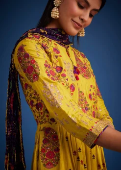 Mustard Linen Silk Floral Embroidered Anarkali Set