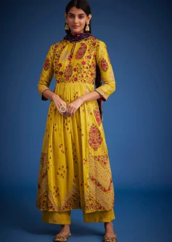 Mustard Linen Silk Floral Embroidered Anarkali Set