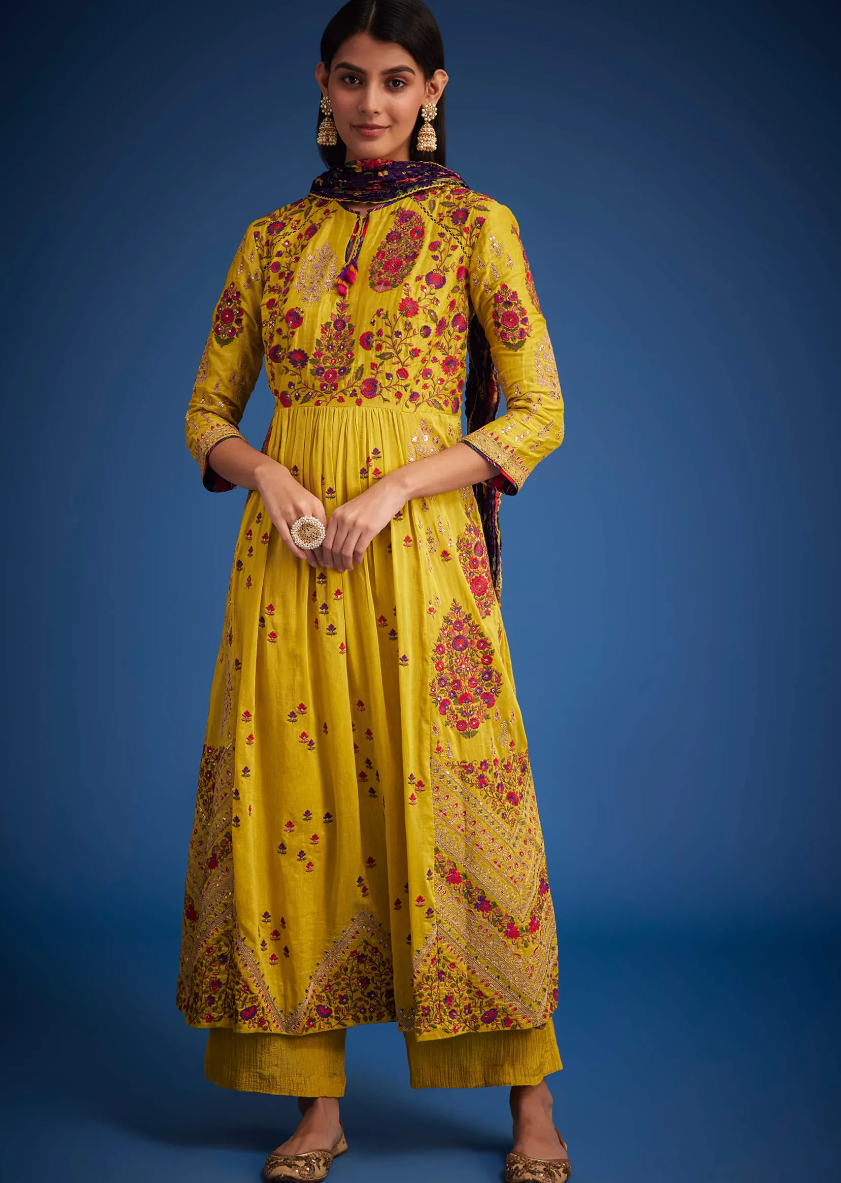 Mustard Linen Silk Floral Embroidered Anarkali Set