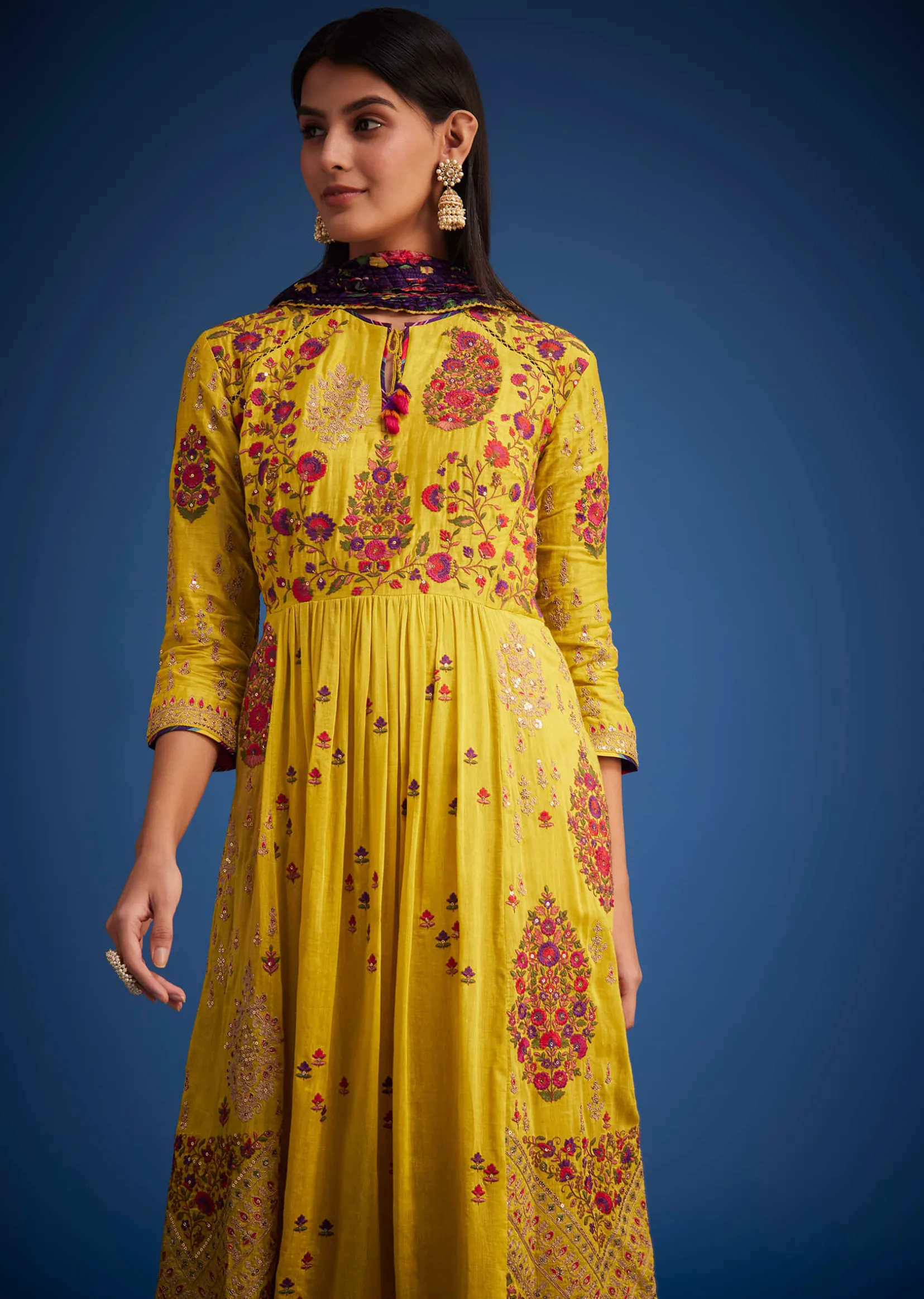Mustard Linen Silk Floral Embroidered Anarkali Set