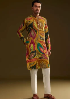 Mustard Multi Color Silk Abstract Printed Kurta Set