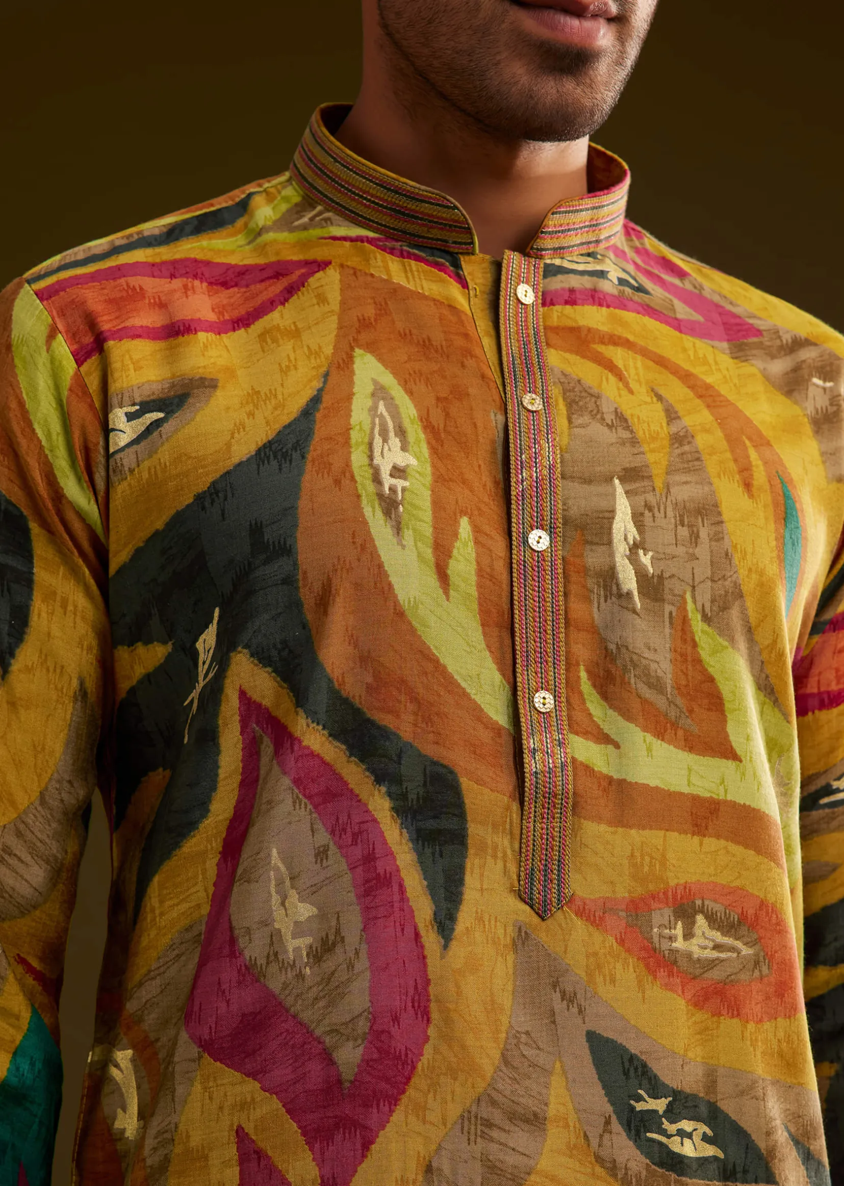 Mustard Multi Color Silk Abstract Printed Kurta Set