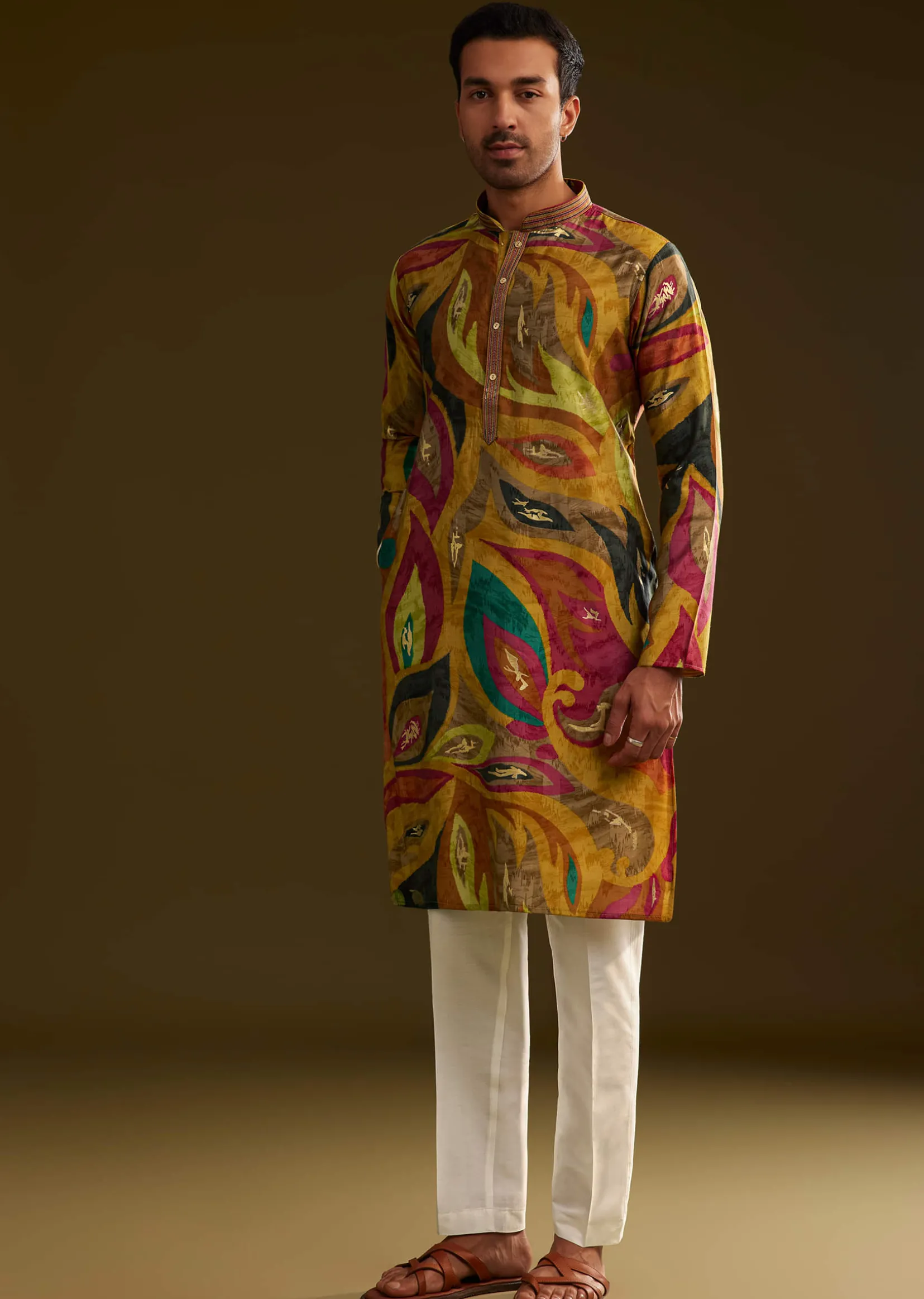 Mustard Multi Color Silk Abstract Printed Kurta Set