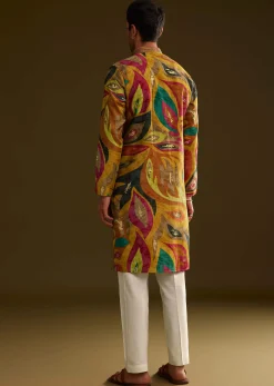 Mustard Multi Color Silk Abstract Printed Kurta Set