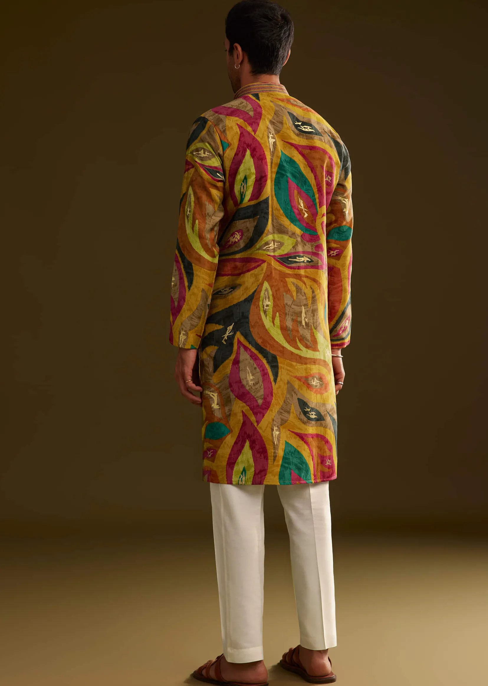 Mustard Multi Color Silk Abstract Printed Kurta Set