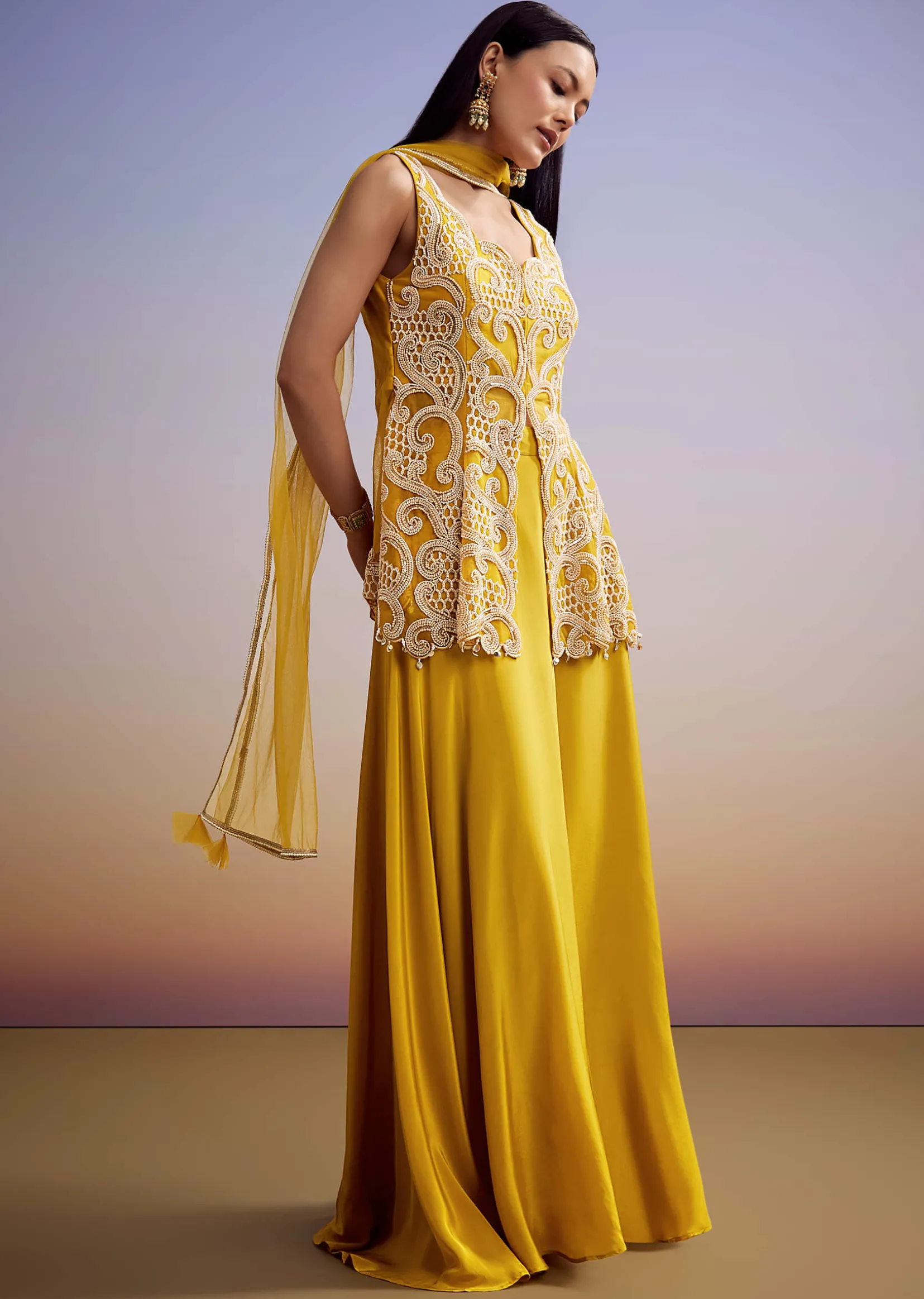 Mustard Net Palazzo Suit With Moti And Cut Dana Work