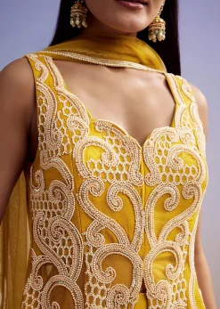 Mustard Net Palazzo Suit With Moti And Cut Dana Work