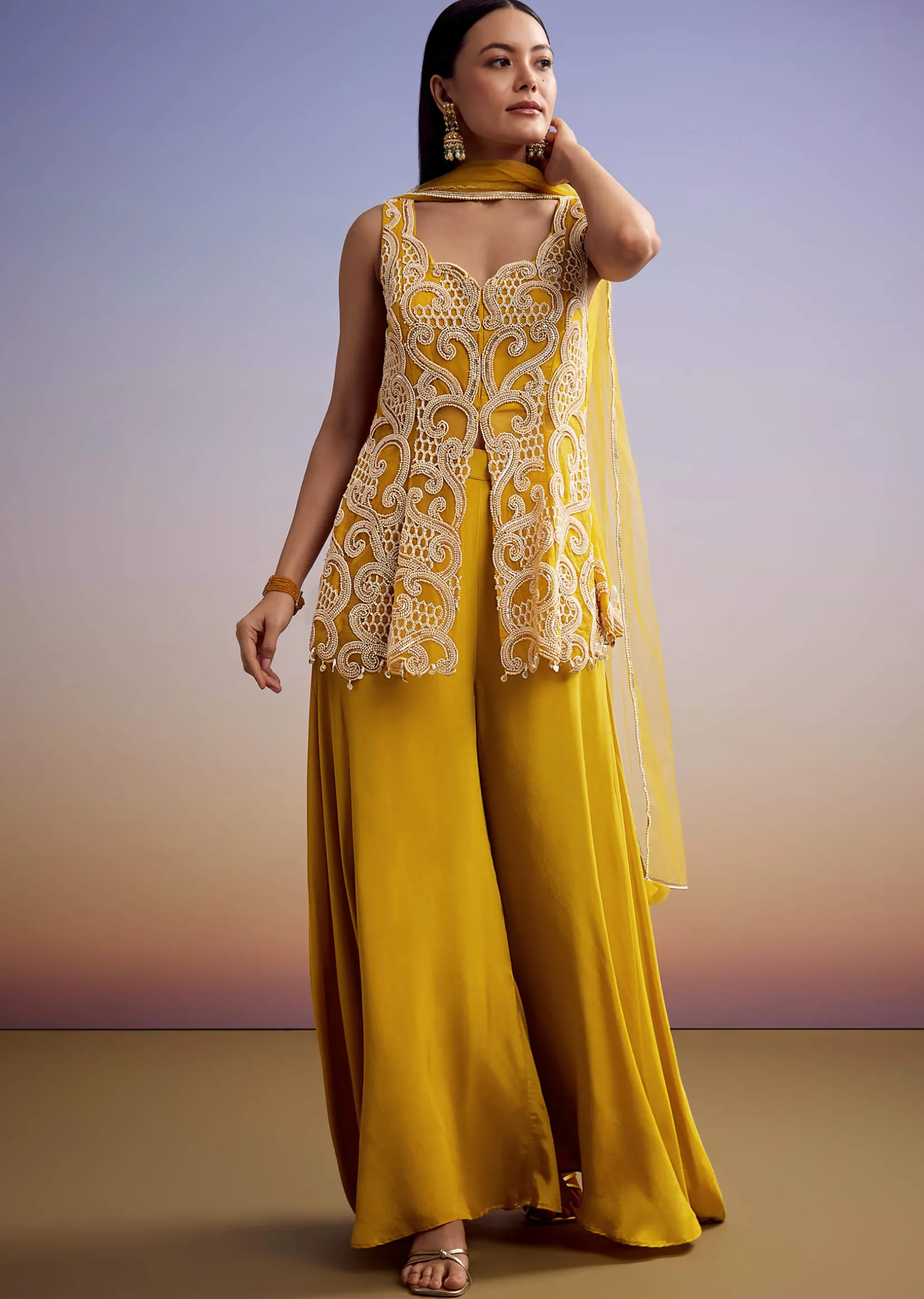 Mustard Net Palazzo Suit With Moti And Cut Dana Work