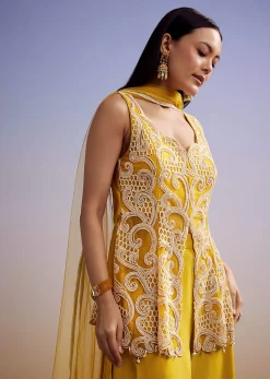 Mustard Net Palazzo Suit With Moti And Cut Dana Work