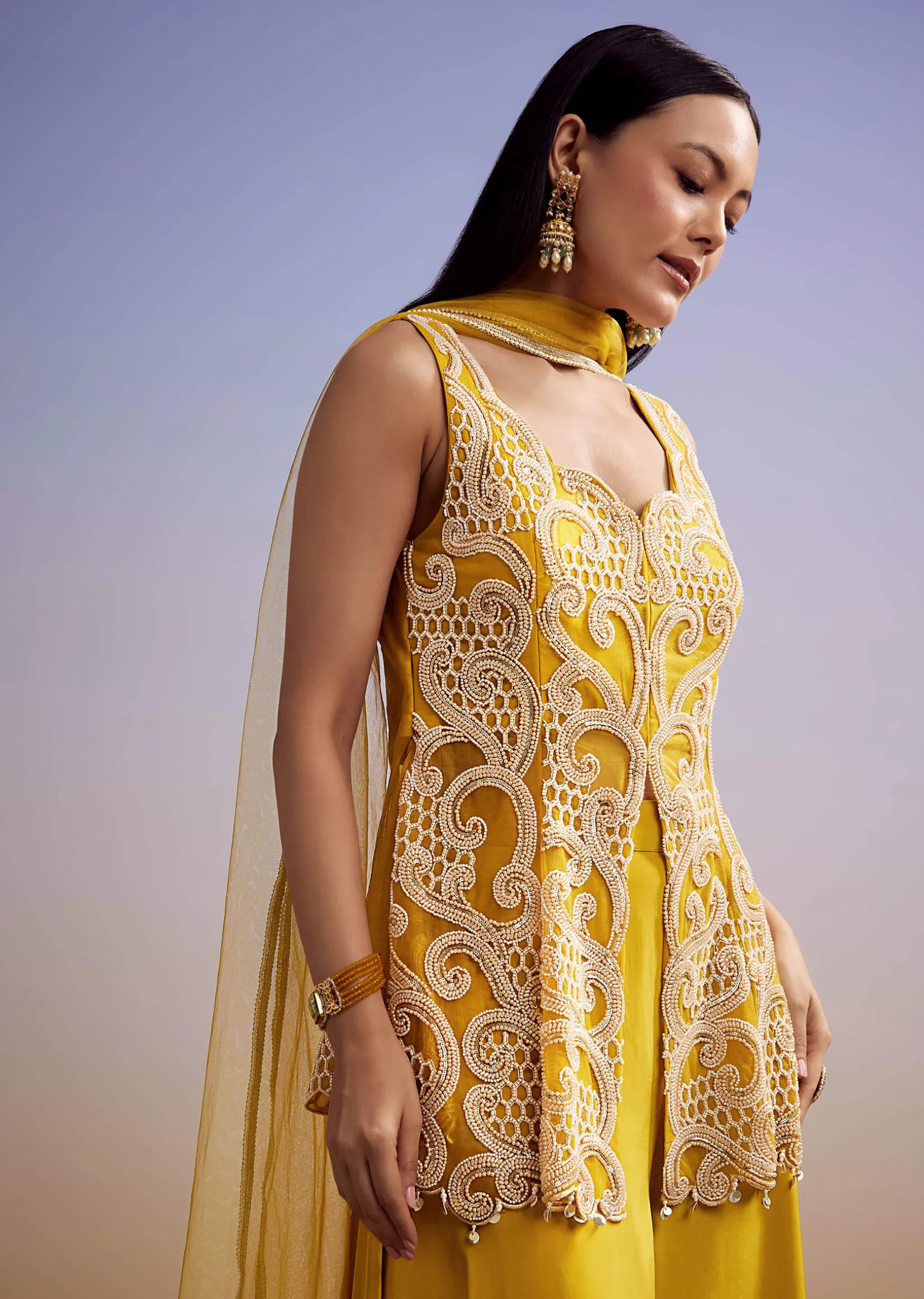 Mustard Net Palazzo Suit With Moti And Cut Dana Work