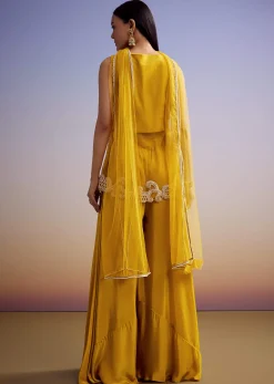 Mustard Net Palazzo Suit With Moti And Cut Dana Work